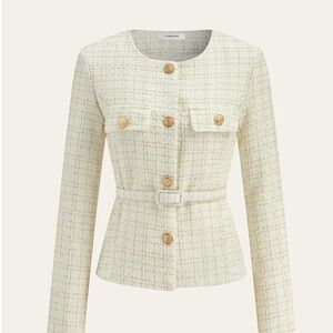 Commense Ivory Tweed Blazer with Gold Buttons and Belt